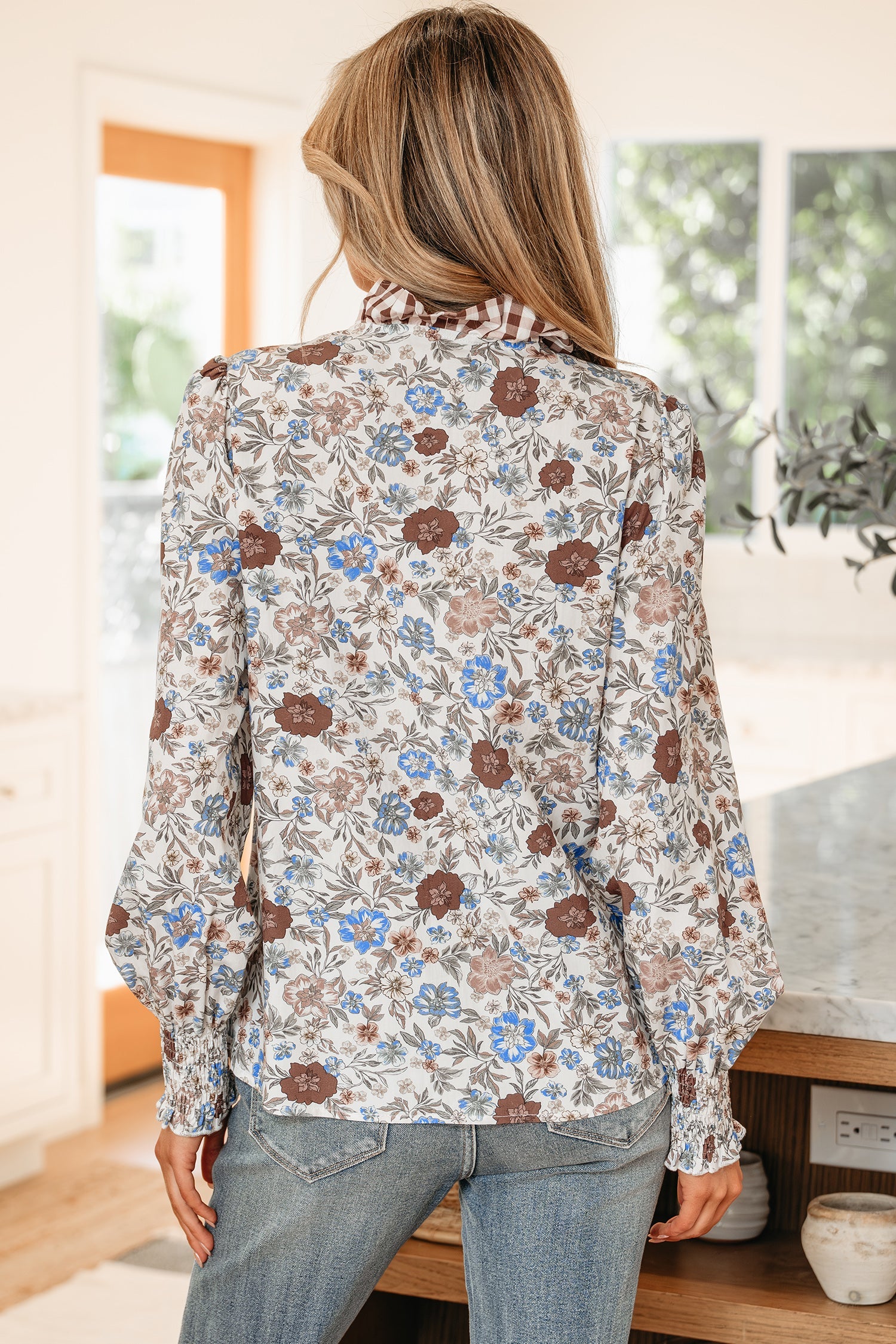 Floral Plaid Frilled Trim Long Sleeve Blouse