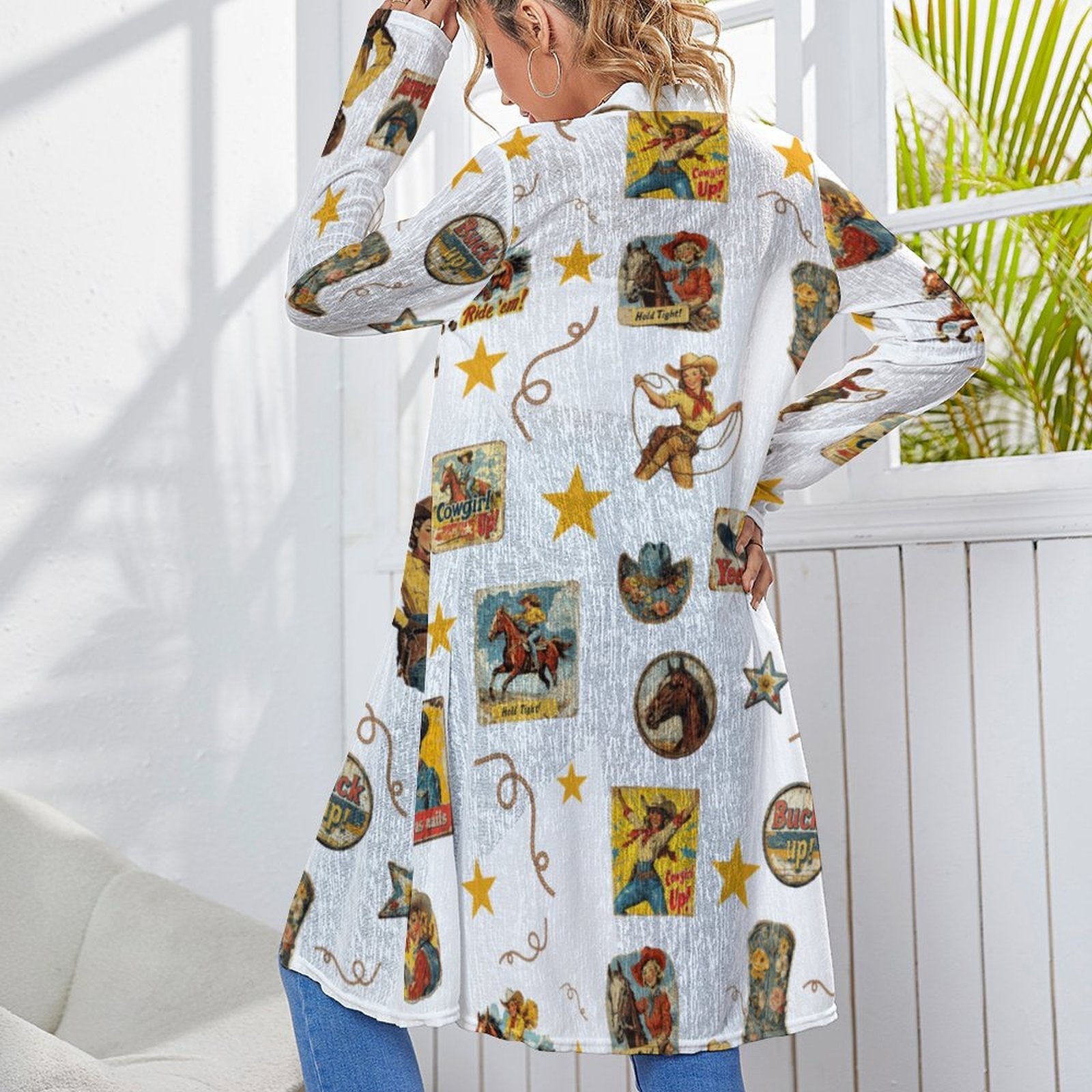 Baha Ranch Vintage Cowgirl Collage Western Lightweight Cardigan