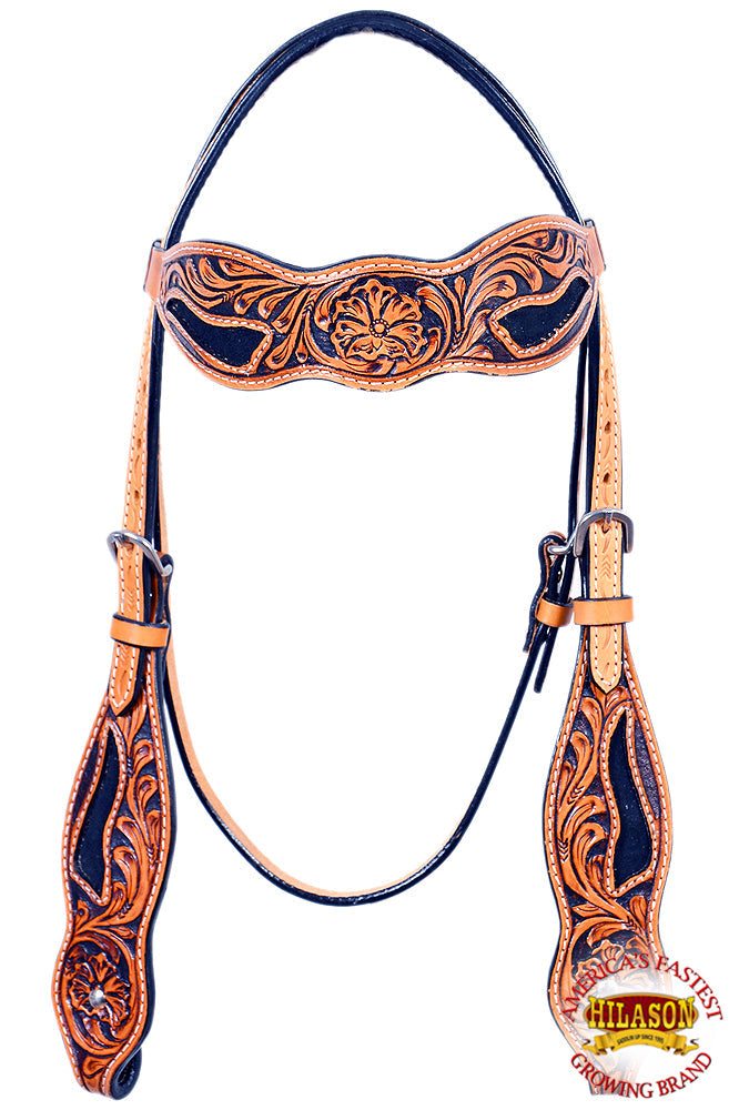 Hilason Western Horse Headstall Bridle American Leather Tan Floral Black