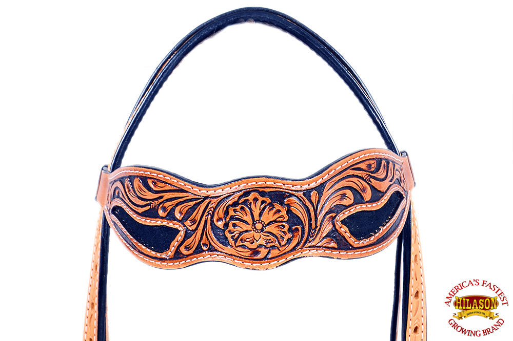 Hilason Western Horse Headstall Bridle American Leather Tan Floral Black