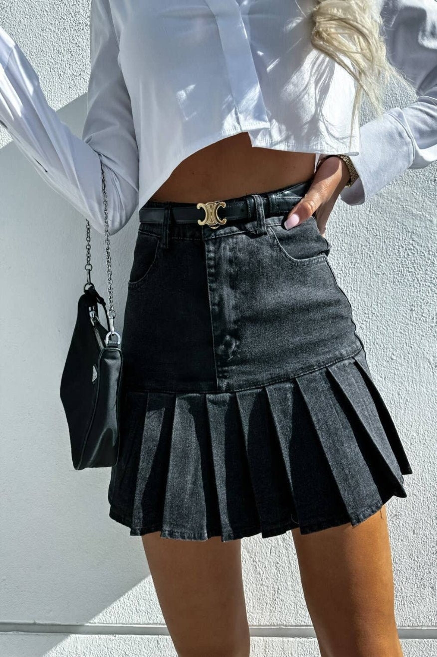 Pleated Denim Skirt