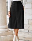Solid High Waist Front-Slit Midi Skirt