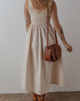 Solid Scoop Neck Ribbed Bodice Pleated Maxi Dress