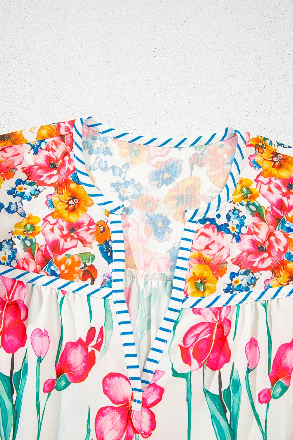 Floral Stripe Detail Split Neck Short Sleeve Blouse