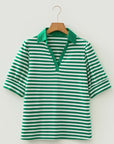 Stripe Collared V-Neck Short Puff Sleeve Top