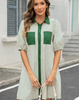 Stripe Patchwork Chest Pocket Mini Shirt Dress