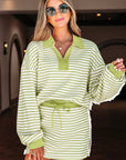 Stripe Collared V-Neck Pullover and Skort Set