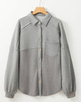 Waffle Knit Patchwork Reverse Seam Button-Up Shacket