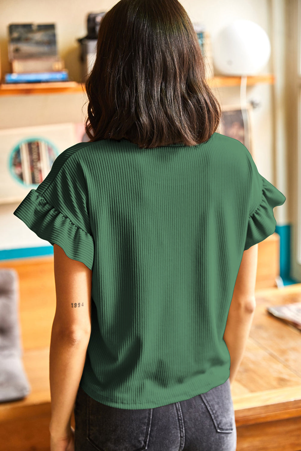 Solid Ribbed Knit Ruffle Short Sleeve T-Shirt