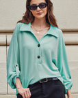 Corded Knit Roll-Up Sleeve Collared Henley Top