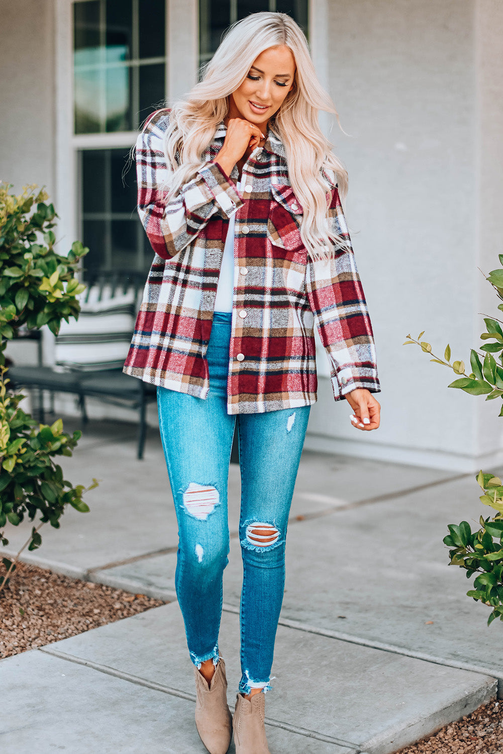 Plaid Pocketed Button Front Shacket