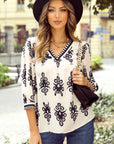 Vintage Geometric Printed V Neck Blouse