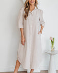 Stripe Frilled Collar 3/4 Sleeve Maxi Dress