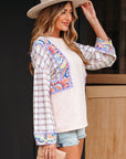 Floral Plaid Patchwork Puff Sleeve Blouse