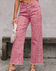 Leopard Frayed Edge High Waist Wide Leg Jeans