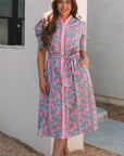 Floral Puff Sleeve Button Front Belted Midi Dress
