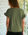 Solid Ribbed Knit Ruffle Short Sleeve T-Shirt