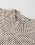 Waffle Knit Ribbed High Neck Drop Shoulder Sweater