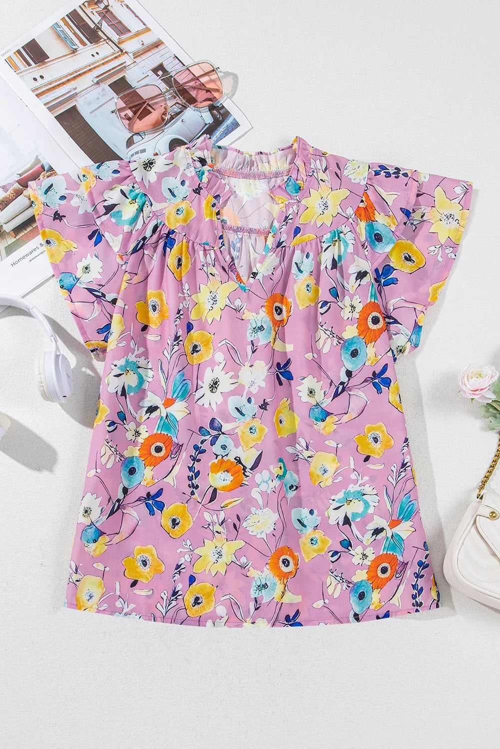 Floral Flutter Sleeve V-Neck Top