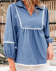 Solid Lace Ric-Rac 3/4 Sleeve Babydoll Blouse