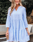Stripe 3/4 Sleeve Pocketed Tiered Dress