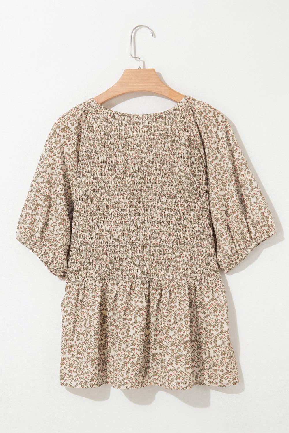 Floral Puff Sleeve Smocked V-Neck Top