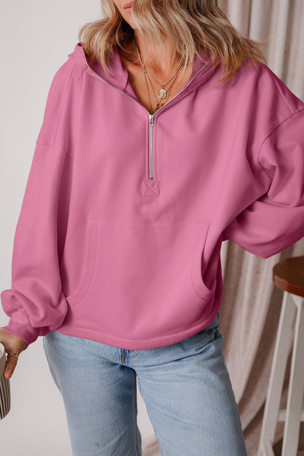 Kate Fleece Lined Half Zipper Kangaroo Pockets Loose Hoodie