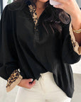 Black Contrast Leopard Print Patchwork Polo Collar Buttons Front Ruffled Long Sleeve Blouse