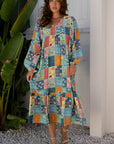 Floral Patchwork Long Sleeve Ruffle Hem Midi Dress