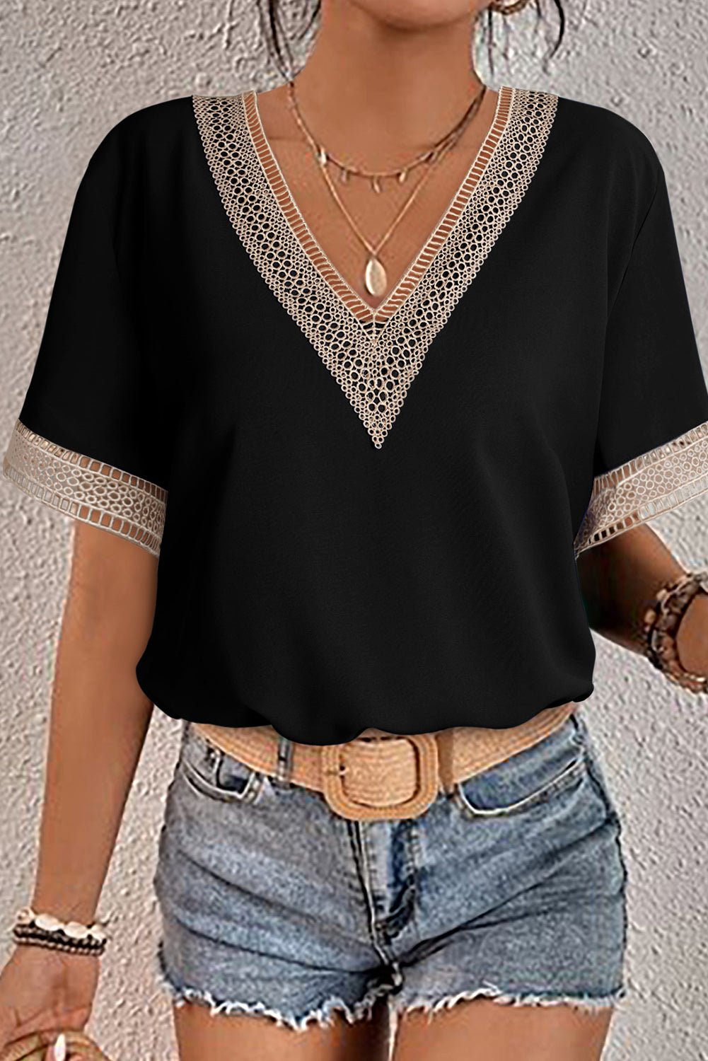 Lace Trim V-Neck Short Sleeve Casual Blouse