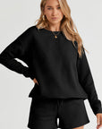 Textured Long Sleeve Top and Drawstring Shorts Set