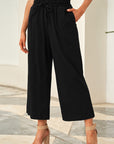 Solid Paperbag Waist Straight Leg Cropped Pants