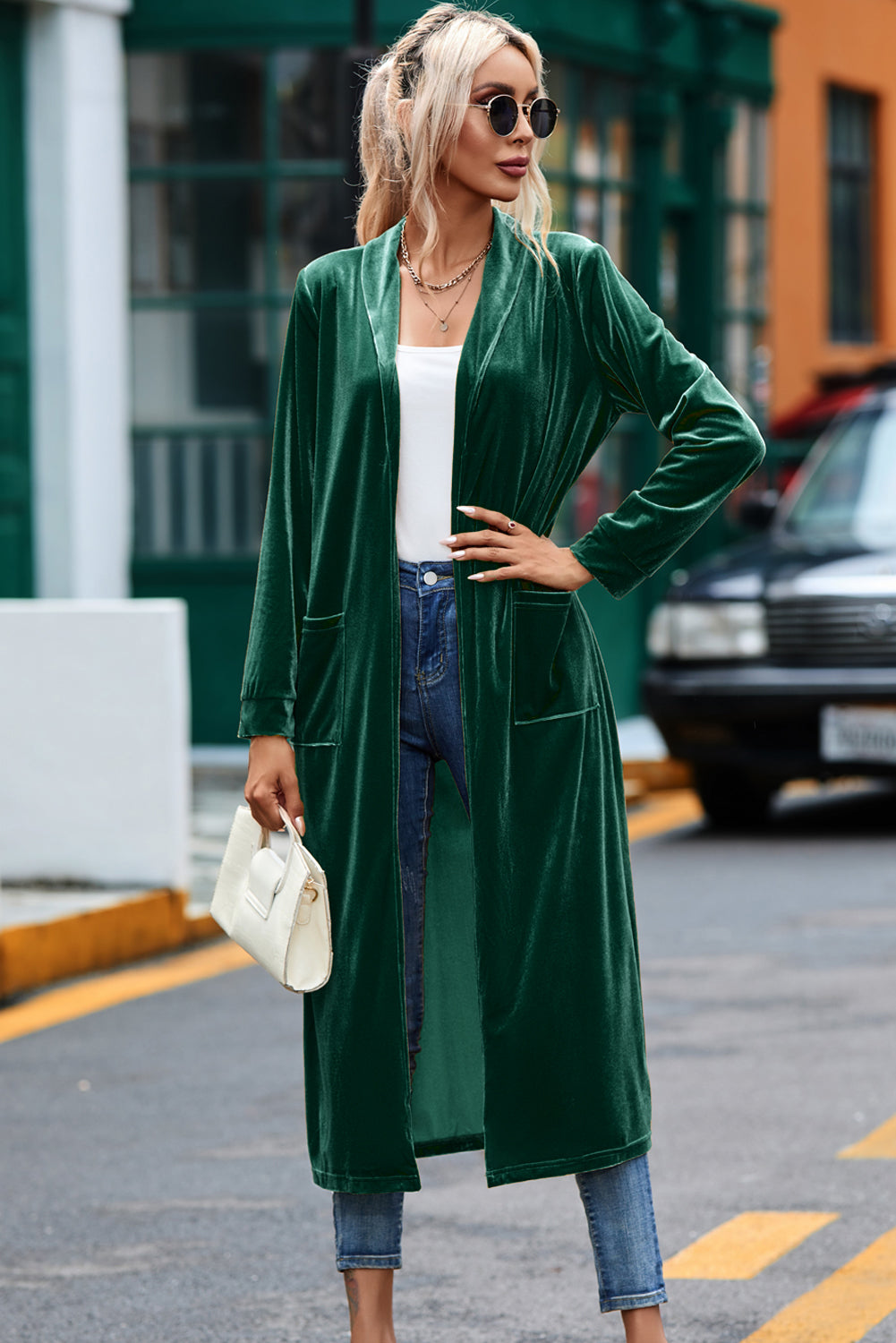 Velvet Open-Front Pocketed Cardigan