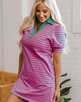 Stripe Collared V-Neck Puff Sleeve T-Shirt Dress