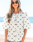 Ezra Bowknot Print Front Knots Bubble Sleeve Blouse