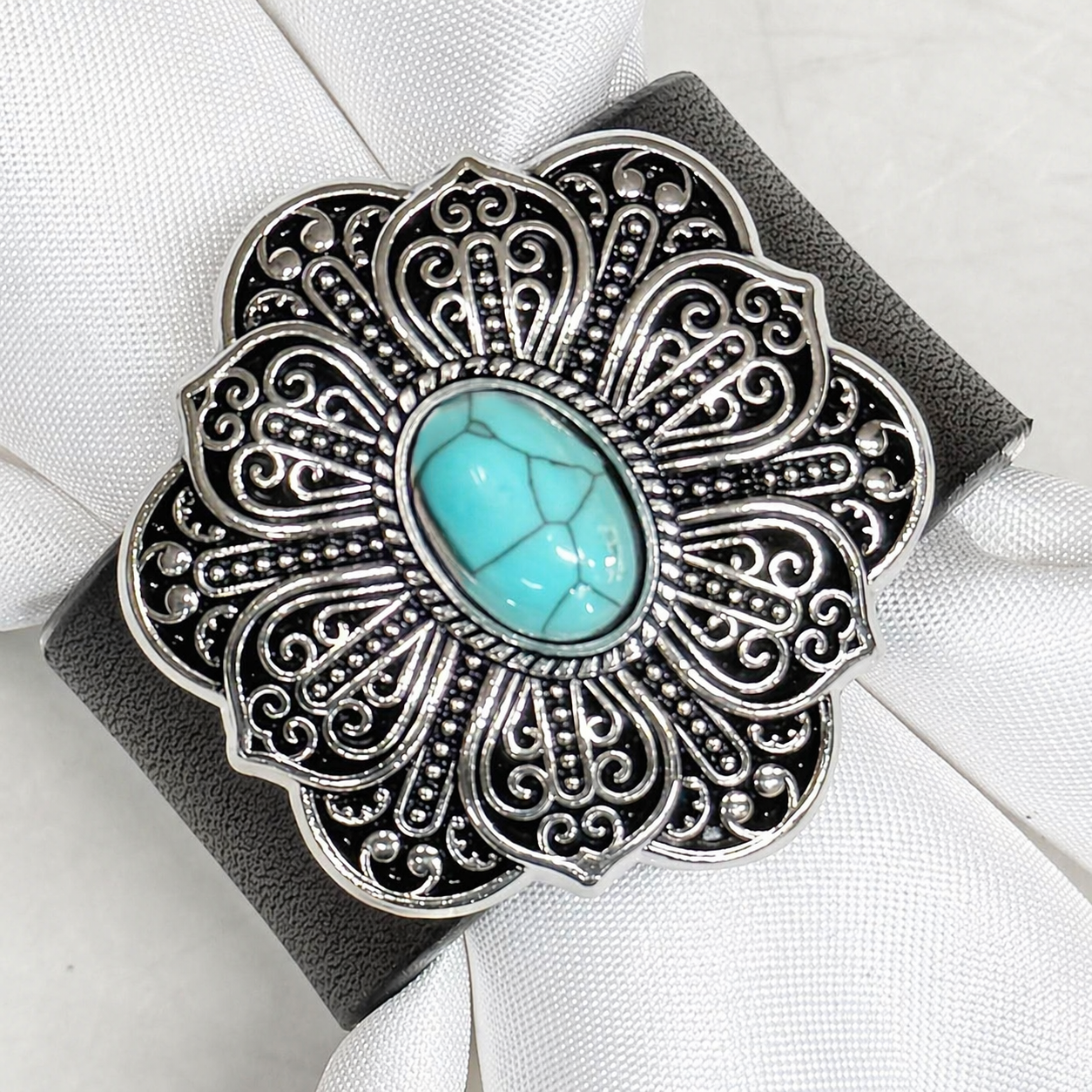 Antique Silver Filigree Floral Turquoise Western Concho Napkin Ring 