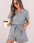 Stripe Chest Pockets Buttoned Collar Belted Romper