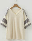 Plus Size Leopard Patchwork V-Neck Short Sleeve Top