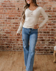 Solid Ribbed Lace Neckline Long Sleeve Top