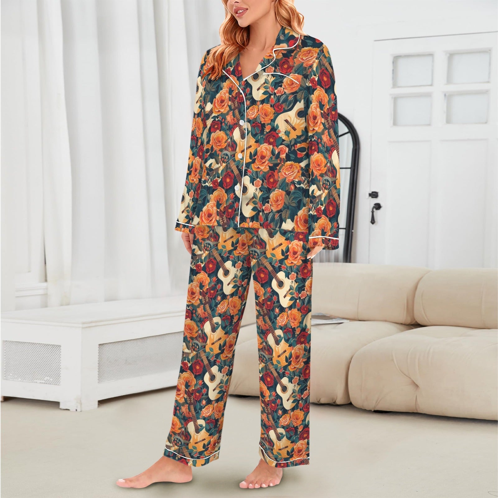 Baha Ranch Colores De Mexico Roses &amp; Guitars Satin Pajamas
