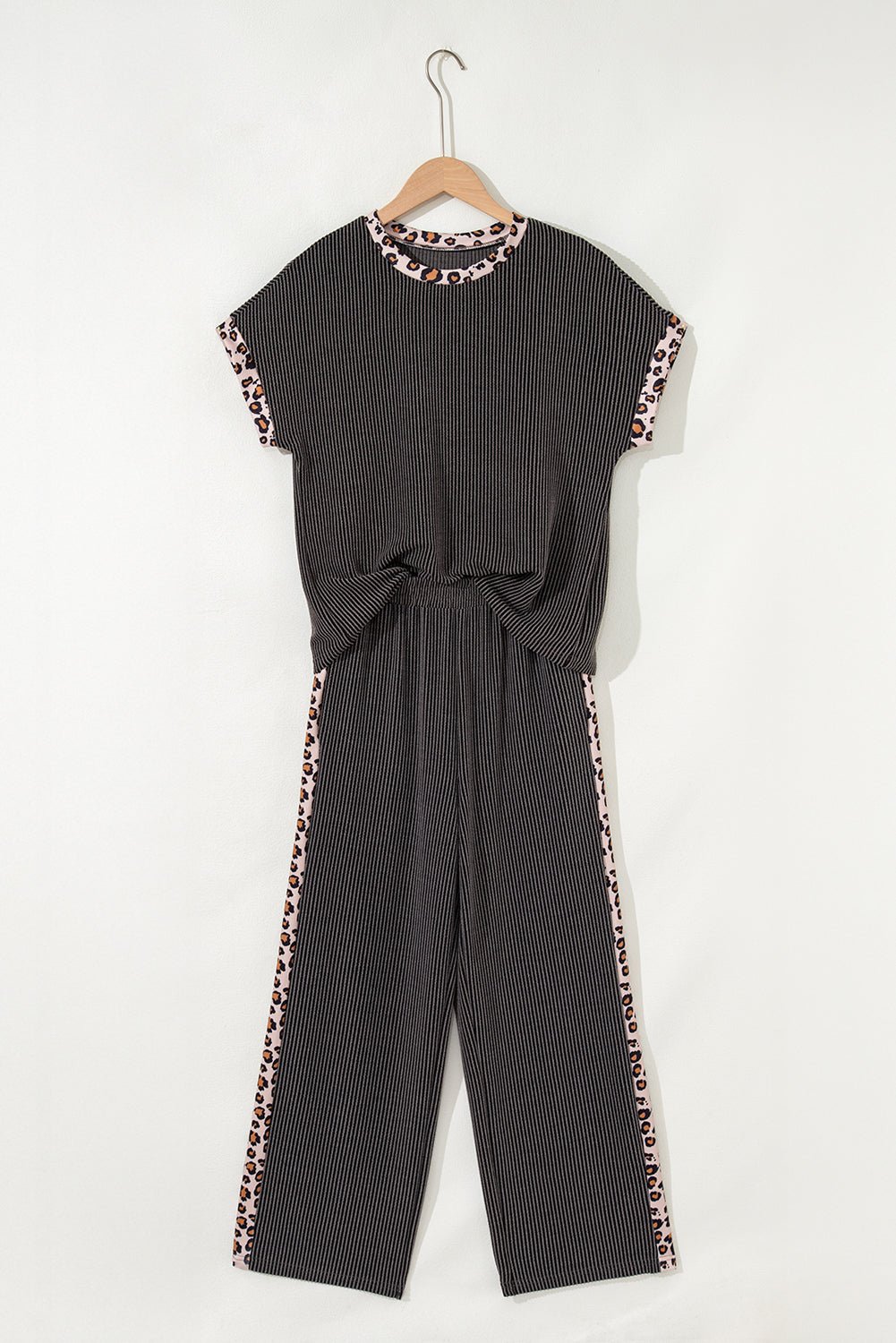 Leopard Patchwork Corded Knit Top &amp; Crop Pants Set