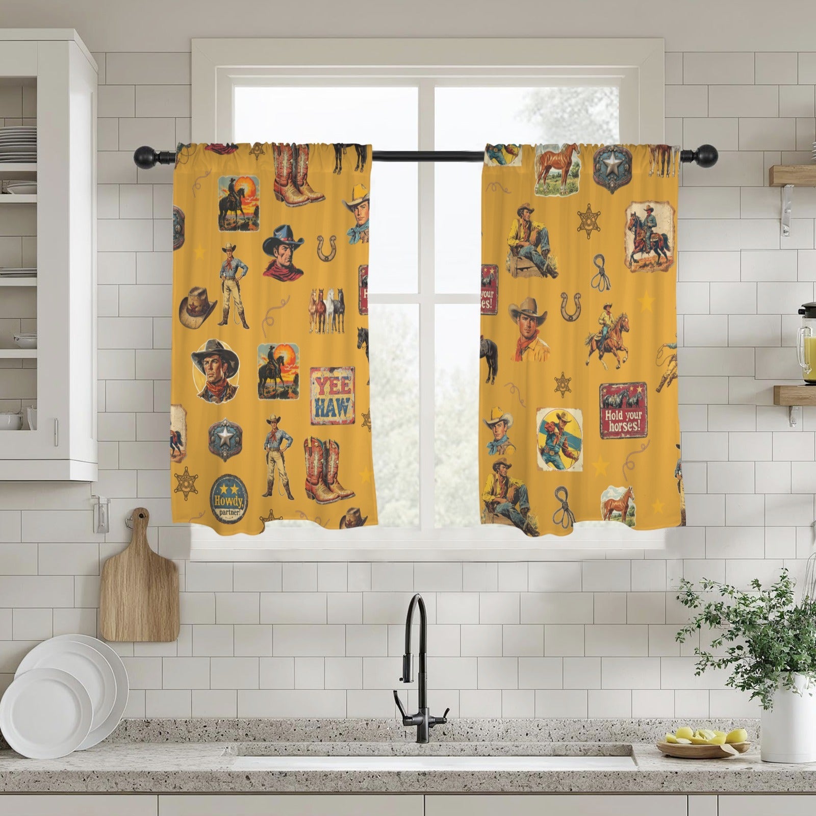 Vintage Cowboy Collage Western Curtains 28" x 40" Made in America