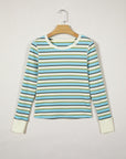 Stripe Round Neck Ribbed Knit Long Sleeve Top