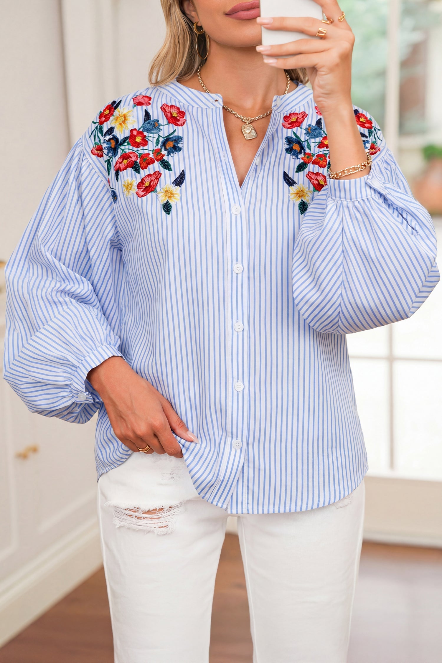 Floral Embroidered Stripe Billowy Sleeve Tunic Shirt