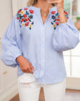 Floral Embroidered Stripe Billowy Sleeve Tunic Shirt