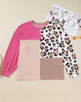 Plus Size Leopard Corded Knit Patchwork Long Sleeve Top