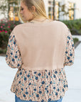 Beige Faux Two Piece Knit Patchwork Floral Print Plus Size Top