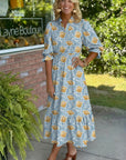 Floral Frilled V-Neck 3/4 Sleeve Midi Dress