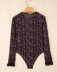 Floral Smock Cuff Mesh Slim Fit Bodysuit