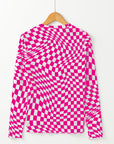 Checkered Pattern Mesh Long Sleeve Top